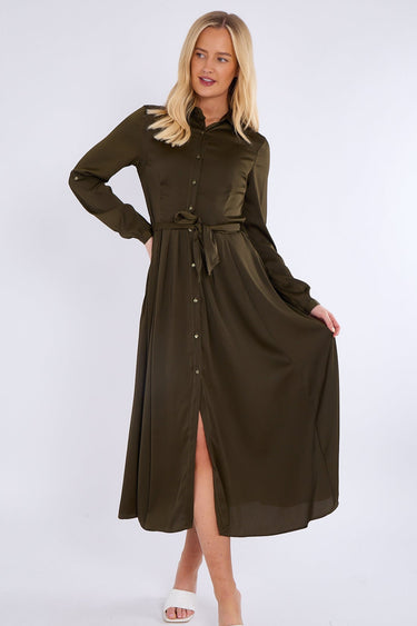 Khaki Layered Satin Long Sleeve Maxi Shirt Dress
