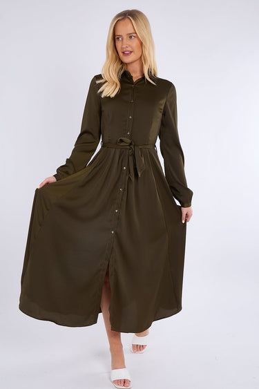 Khaki Layered Satin Long Sleeve Maxi Shirt Dress