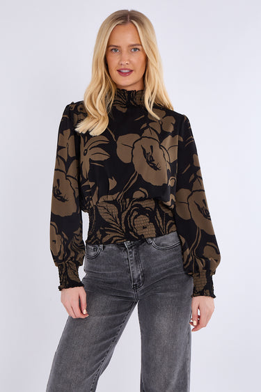 Khaki Floral Print Shirred Waist Cropped Top