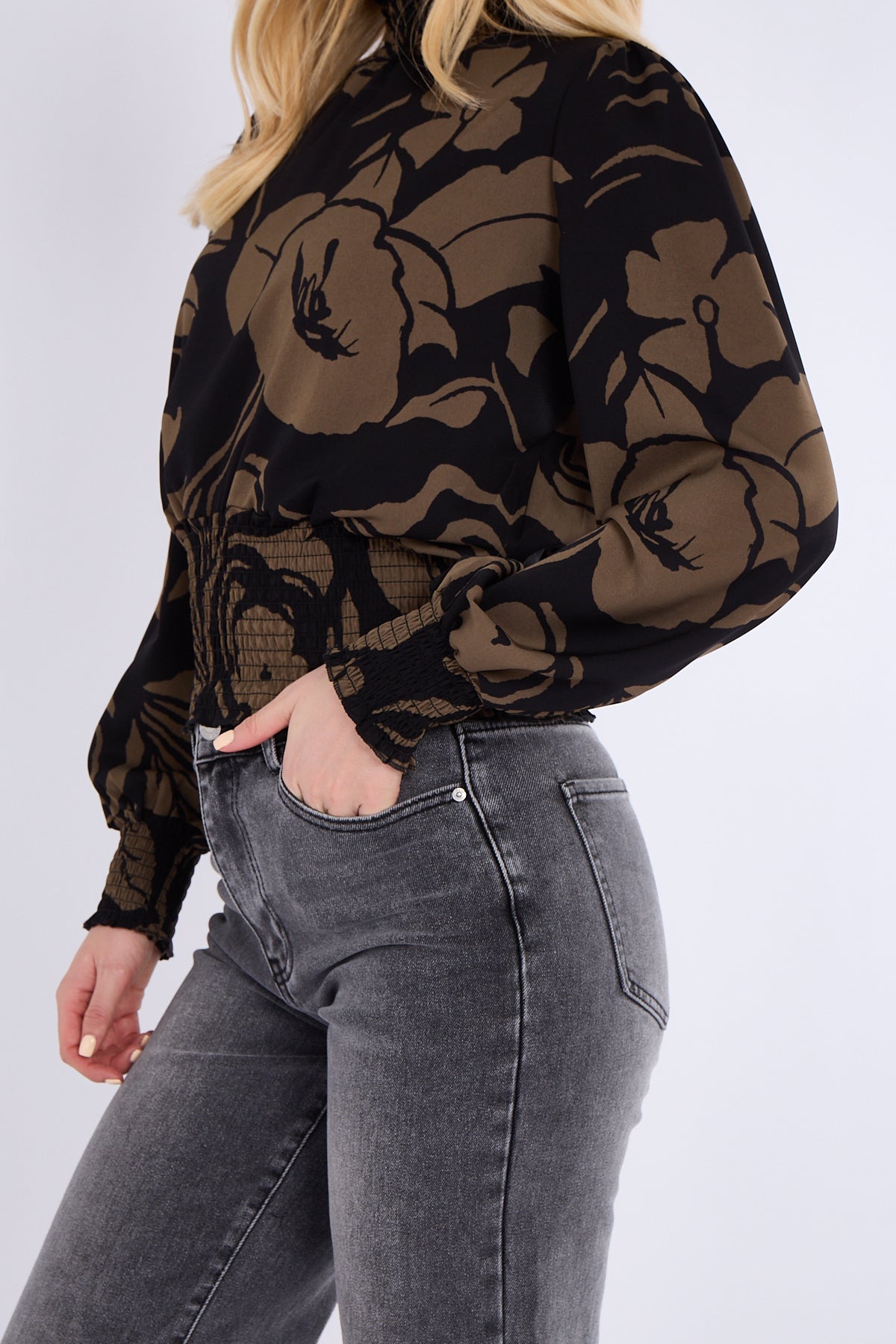 Khaki Floral Print Shirred Waist Cropped Top