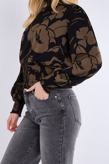Khaki Floral Print Shirred Waist Cropped Top