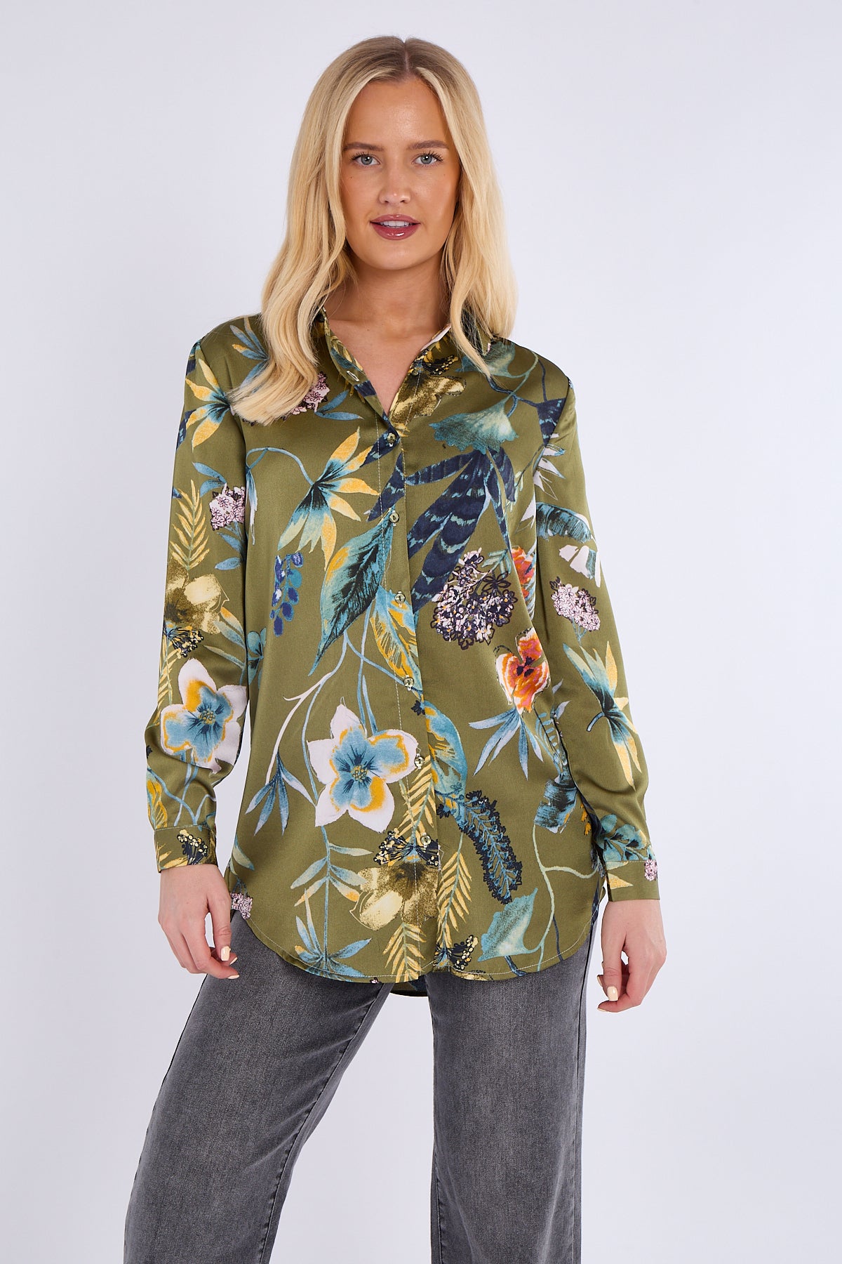 Olive Floral Print Bubble Satin Shirt
