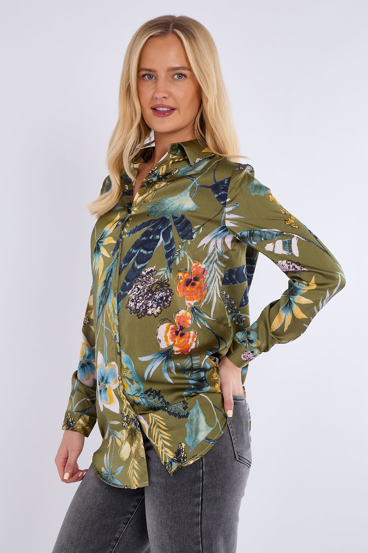 Olive Floral Print Bubble Satin Shirt
