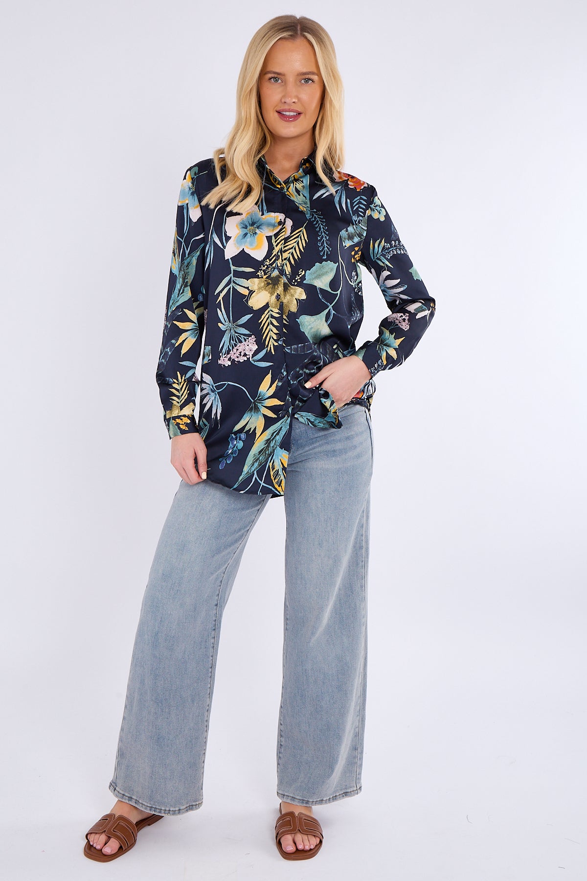 Navy Floral Print Bubble Satin Shirt