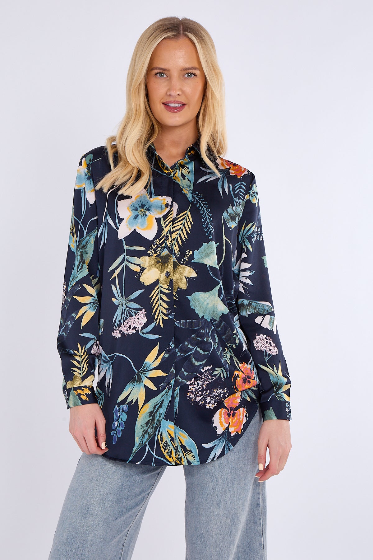 Navy Floral Print Bubble Satin Shirt