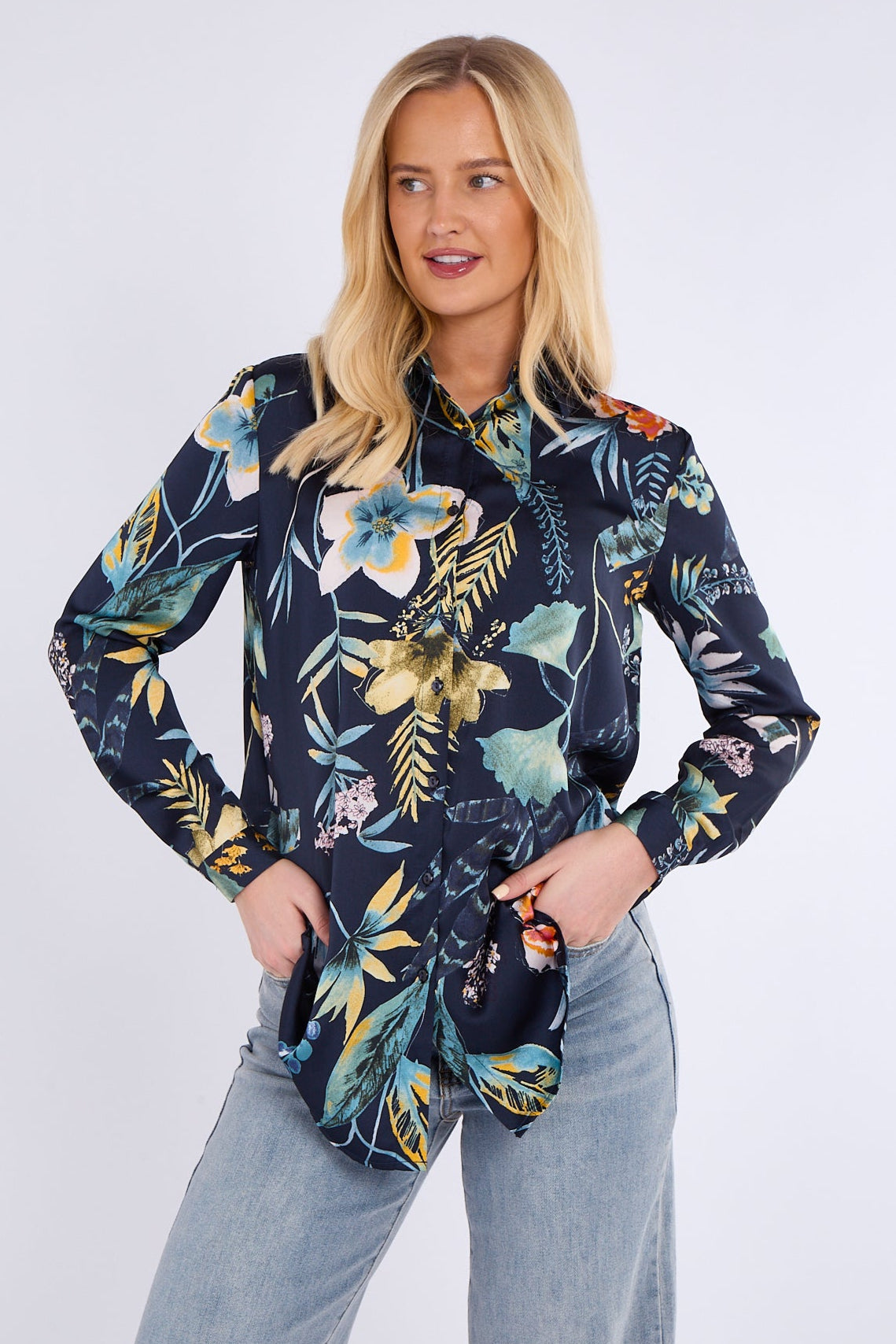 Navy Floral Print Bubble Satin Shirt