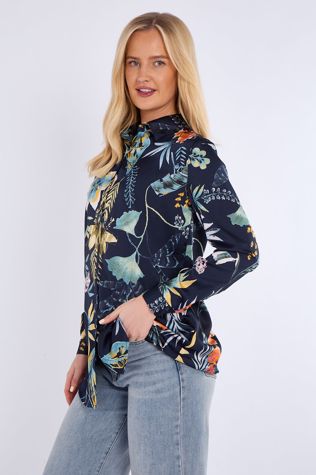 Navy Floral Print Bubble Satin Shirt