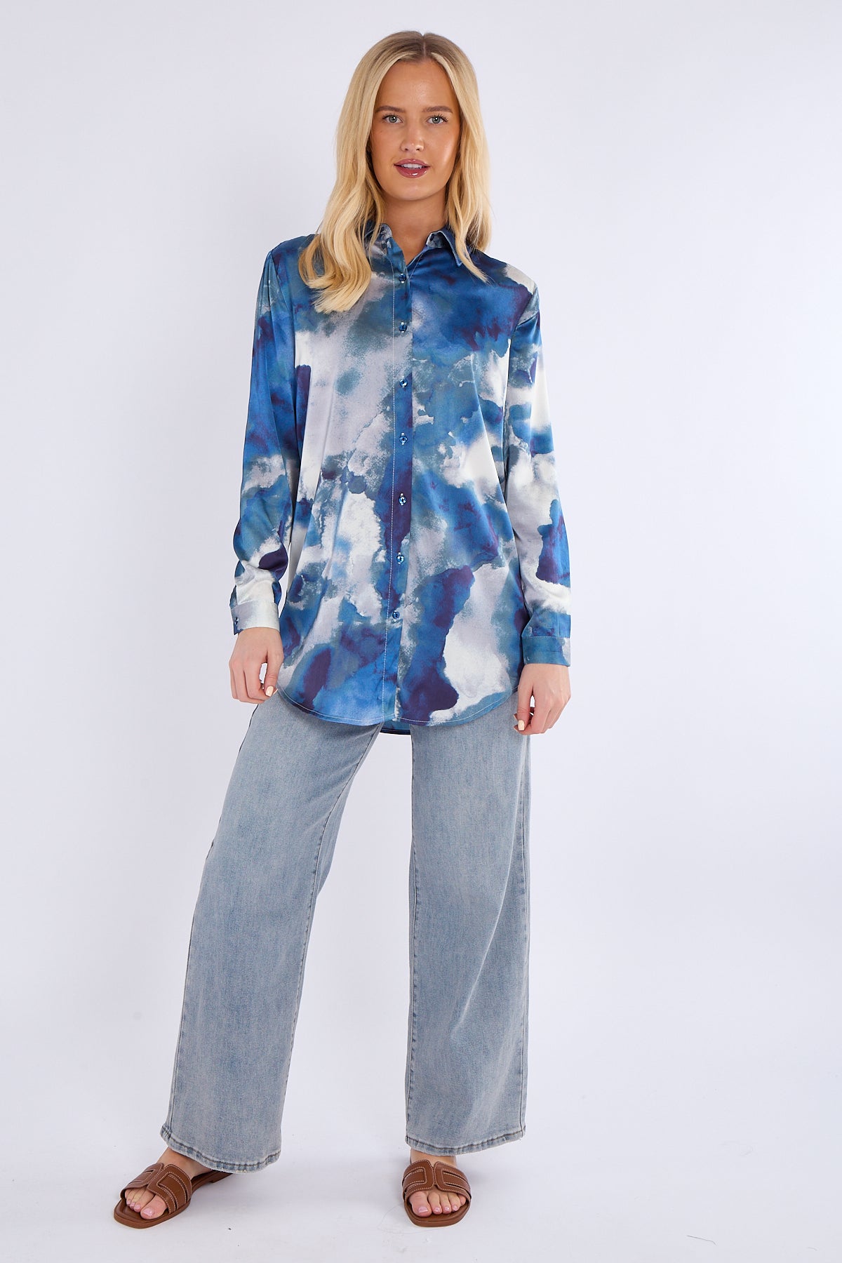 Blue Tie Dye Print Satin Shirt