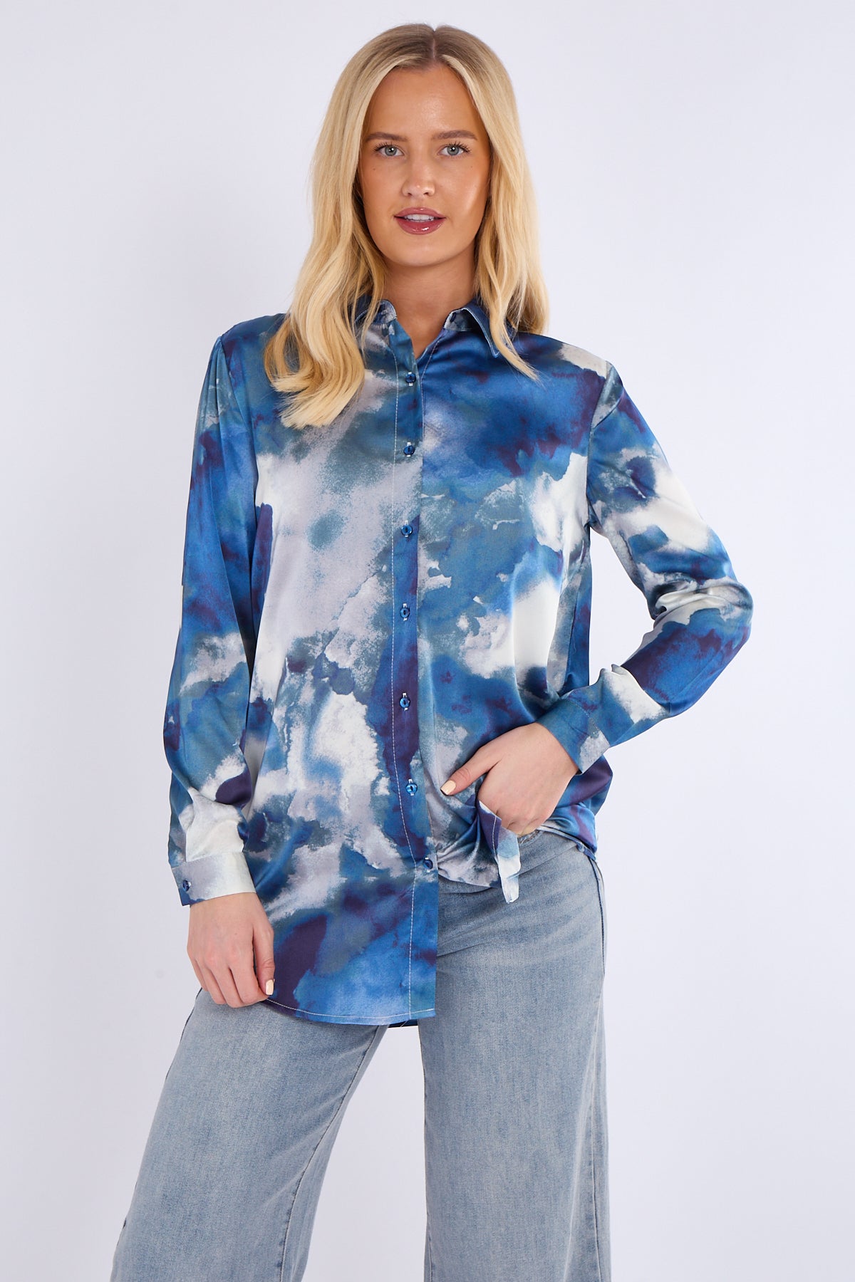 Blue Tie Dye Print Satin Shirt