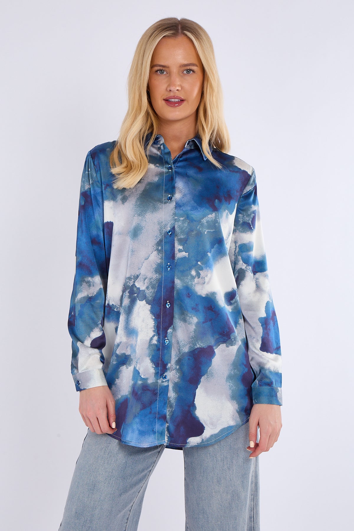 Blue Tie Dye Print Satin Shirt