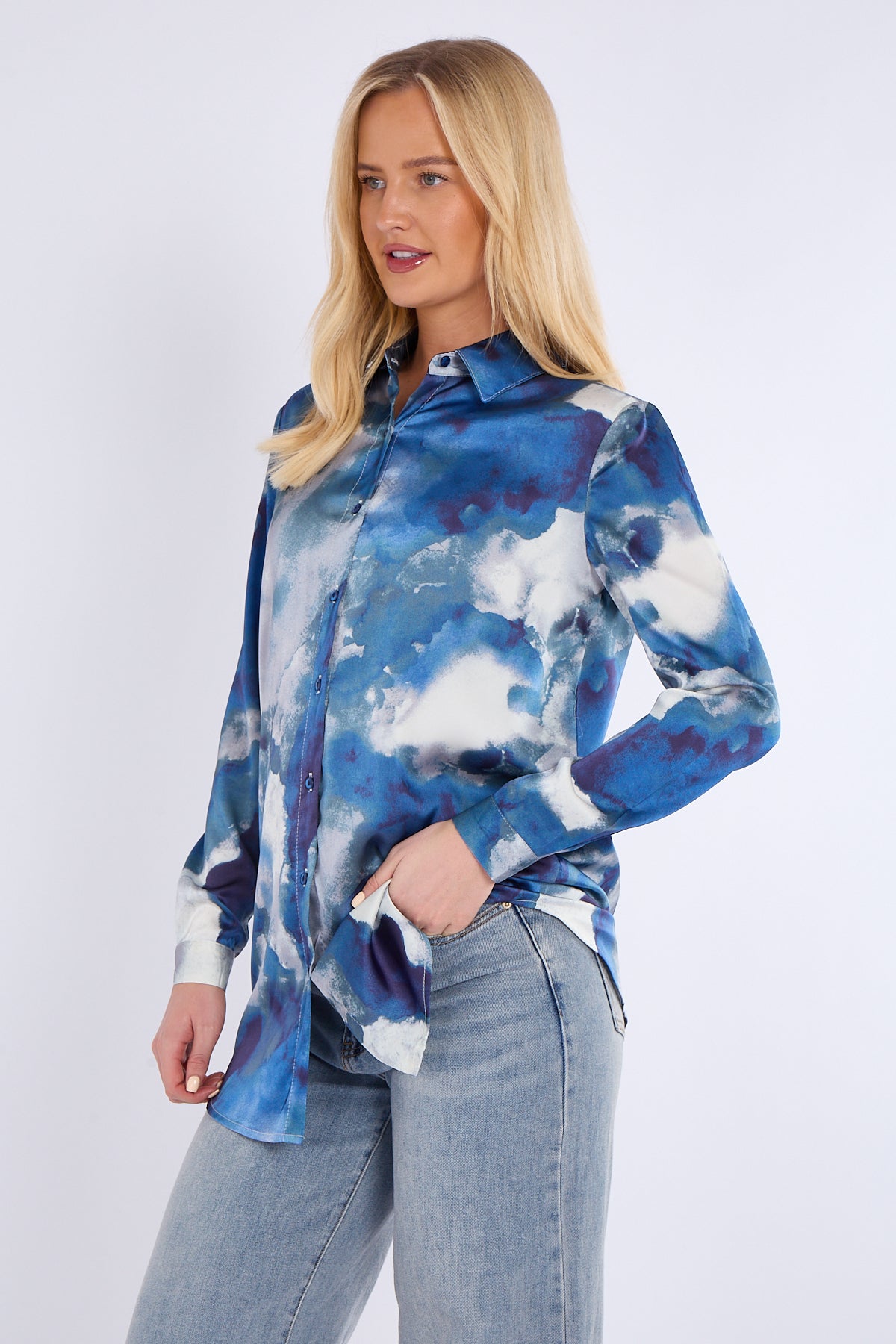 Blue Tie Dye Print Satin Shirt