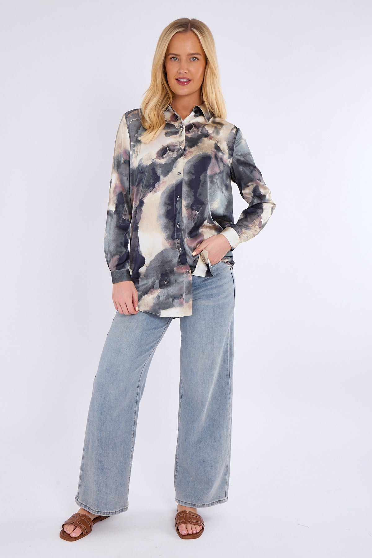 Grey Tie Dye Print Satin Shirt