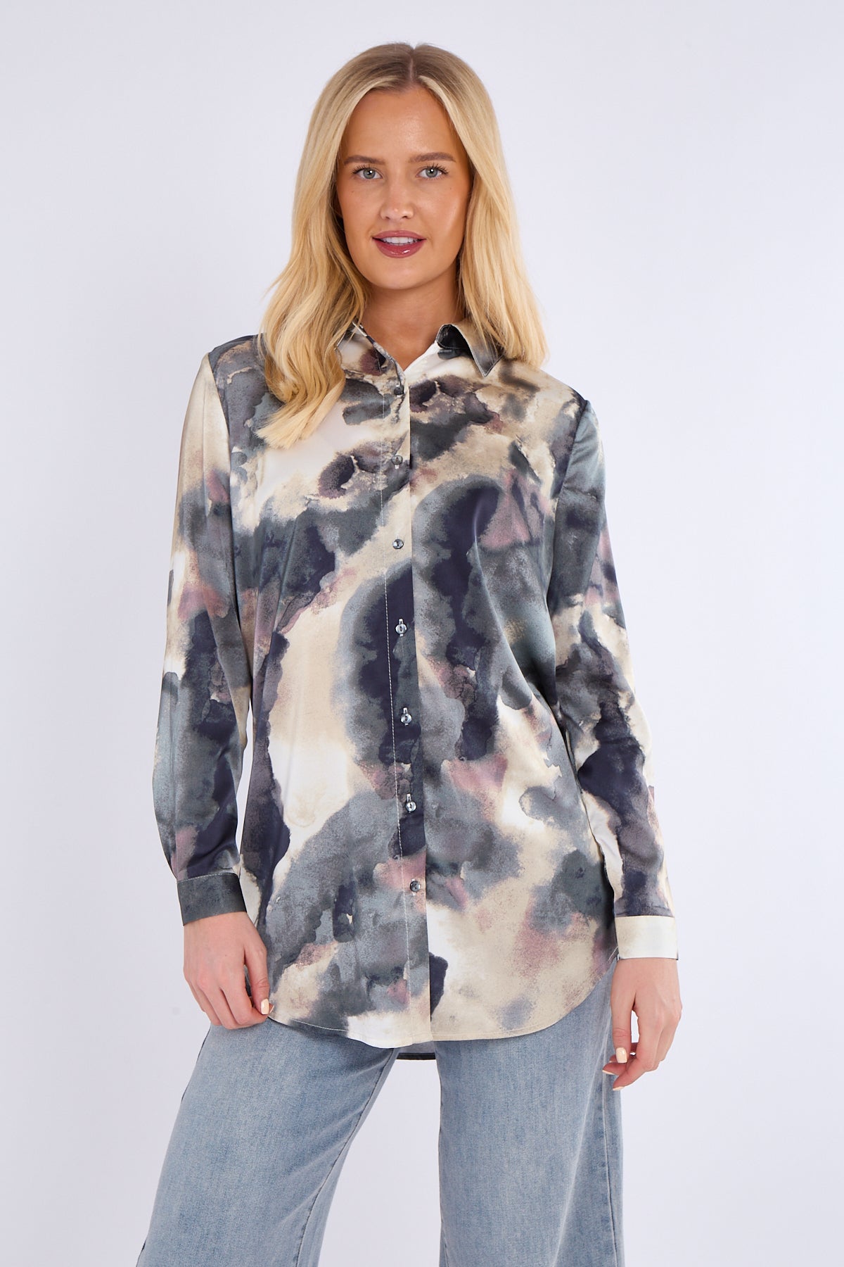 Grey Tie Dye Print Satin Shirt
