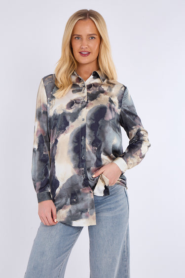 Grey Tie Dye Print Satin Shirt