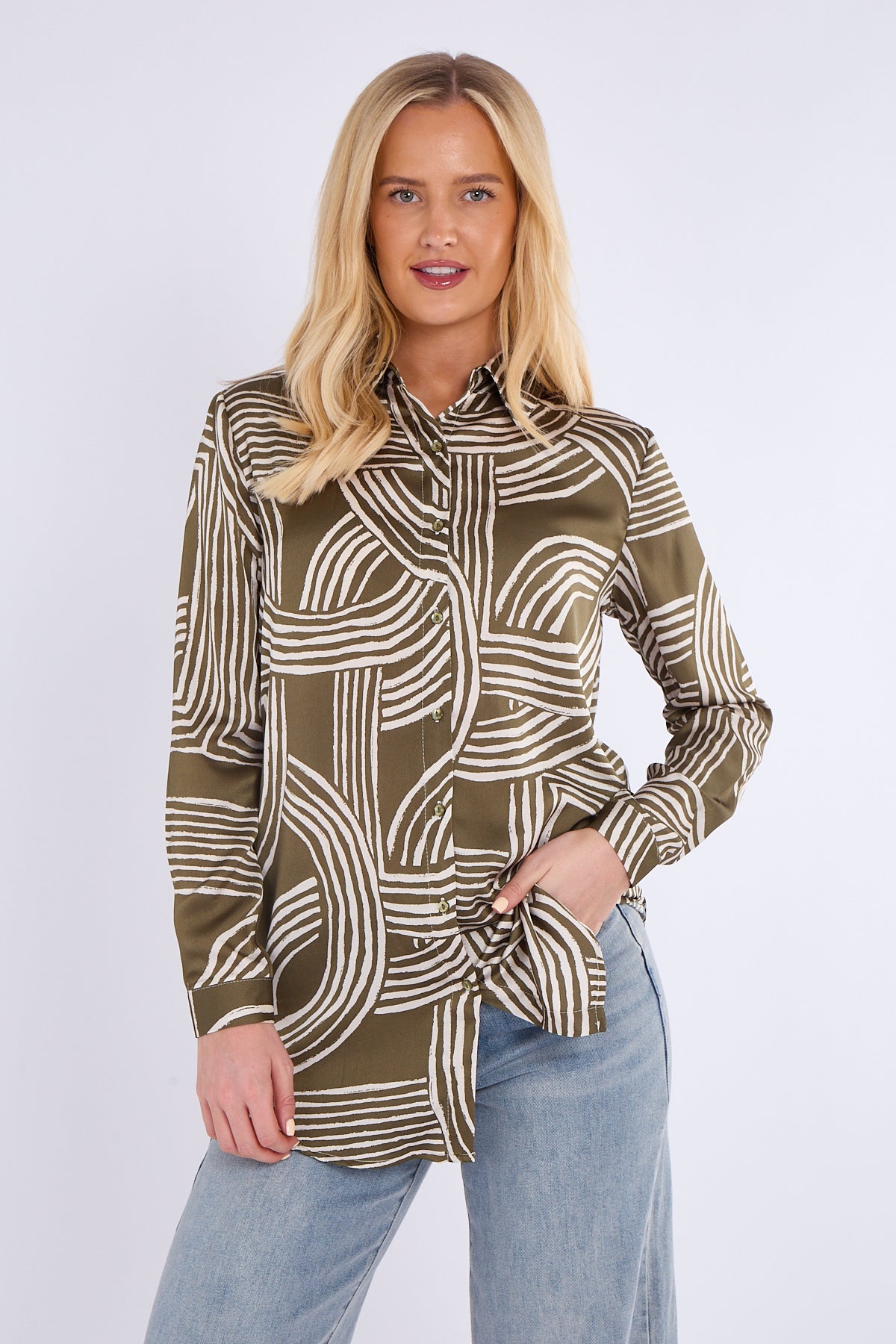 Olive Geometric Print Bubble Satin Shirt