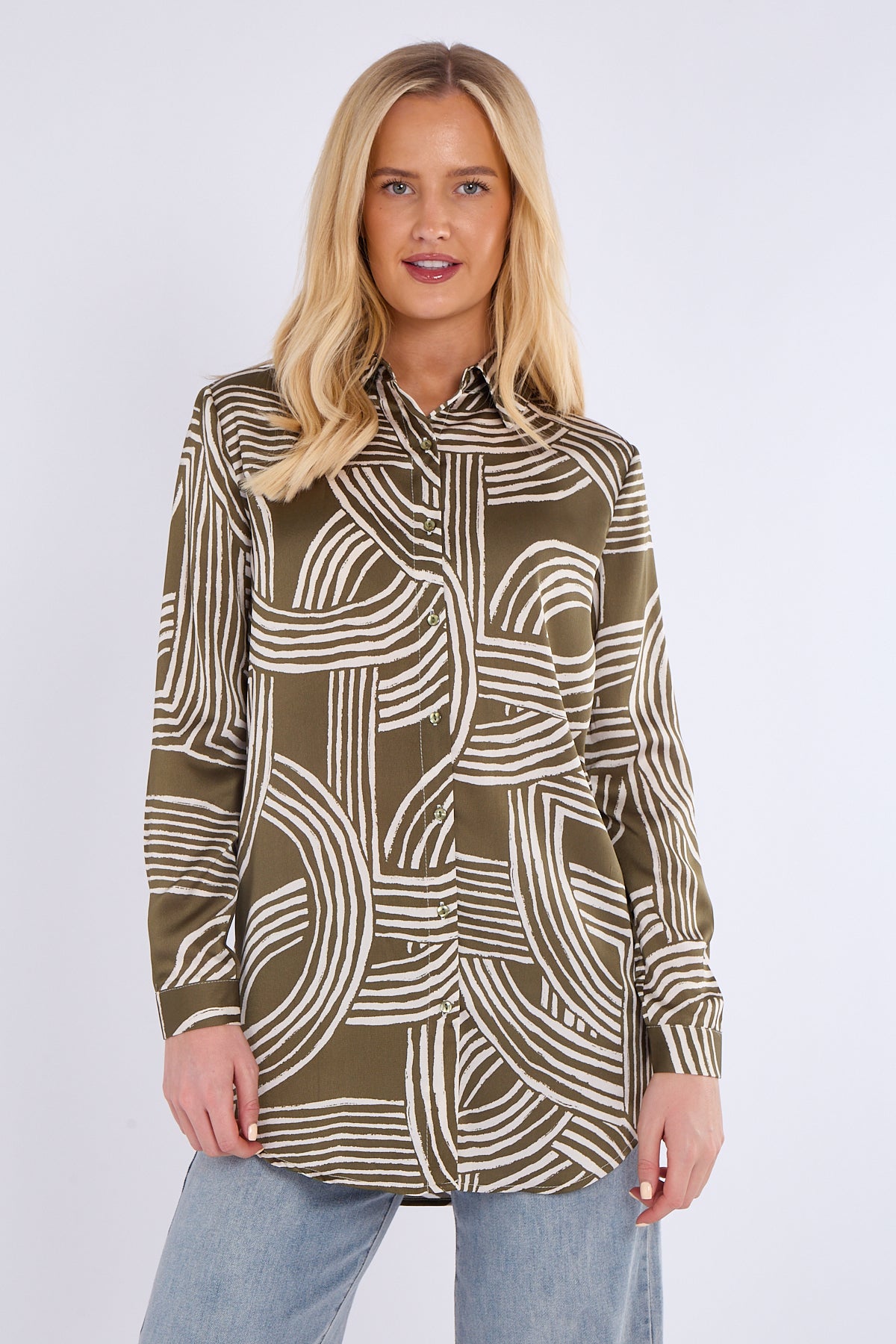 Olive Geometric Print Bubble Satin Shirt