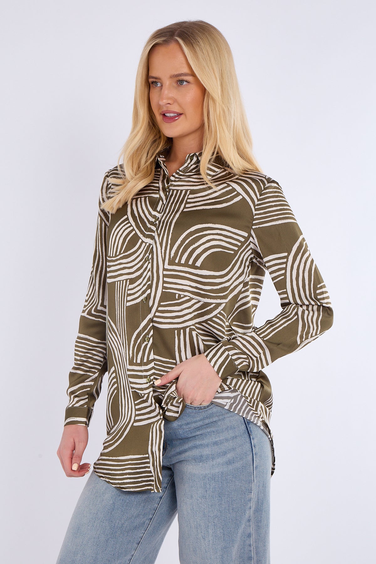 Olive Geometric Print Bubble Satin Shirt