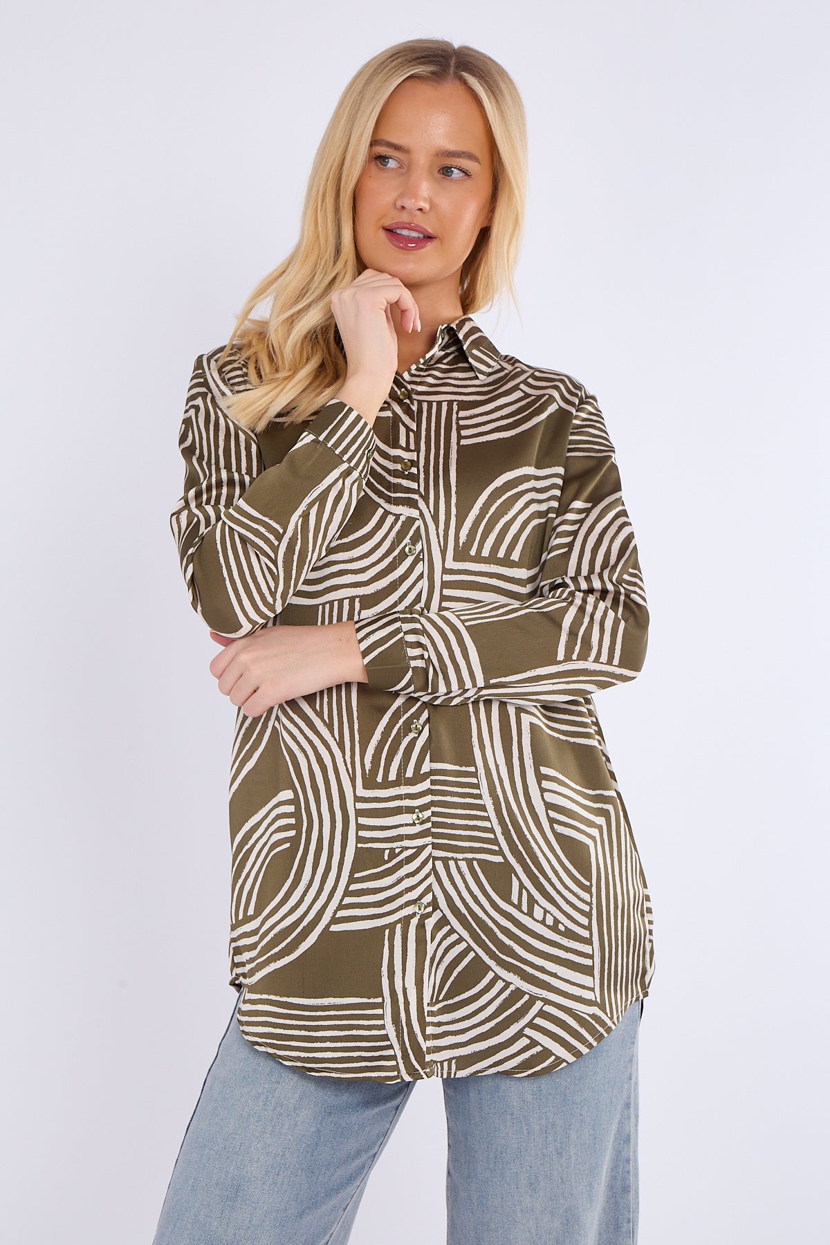 Olive Geometric Print Bubble Satin Shirt