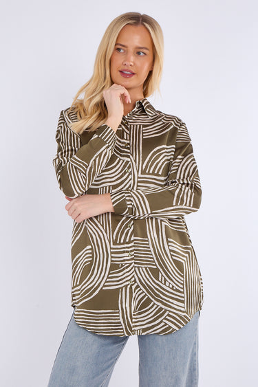 Olive Geometric Print Bubble Satin Shirt