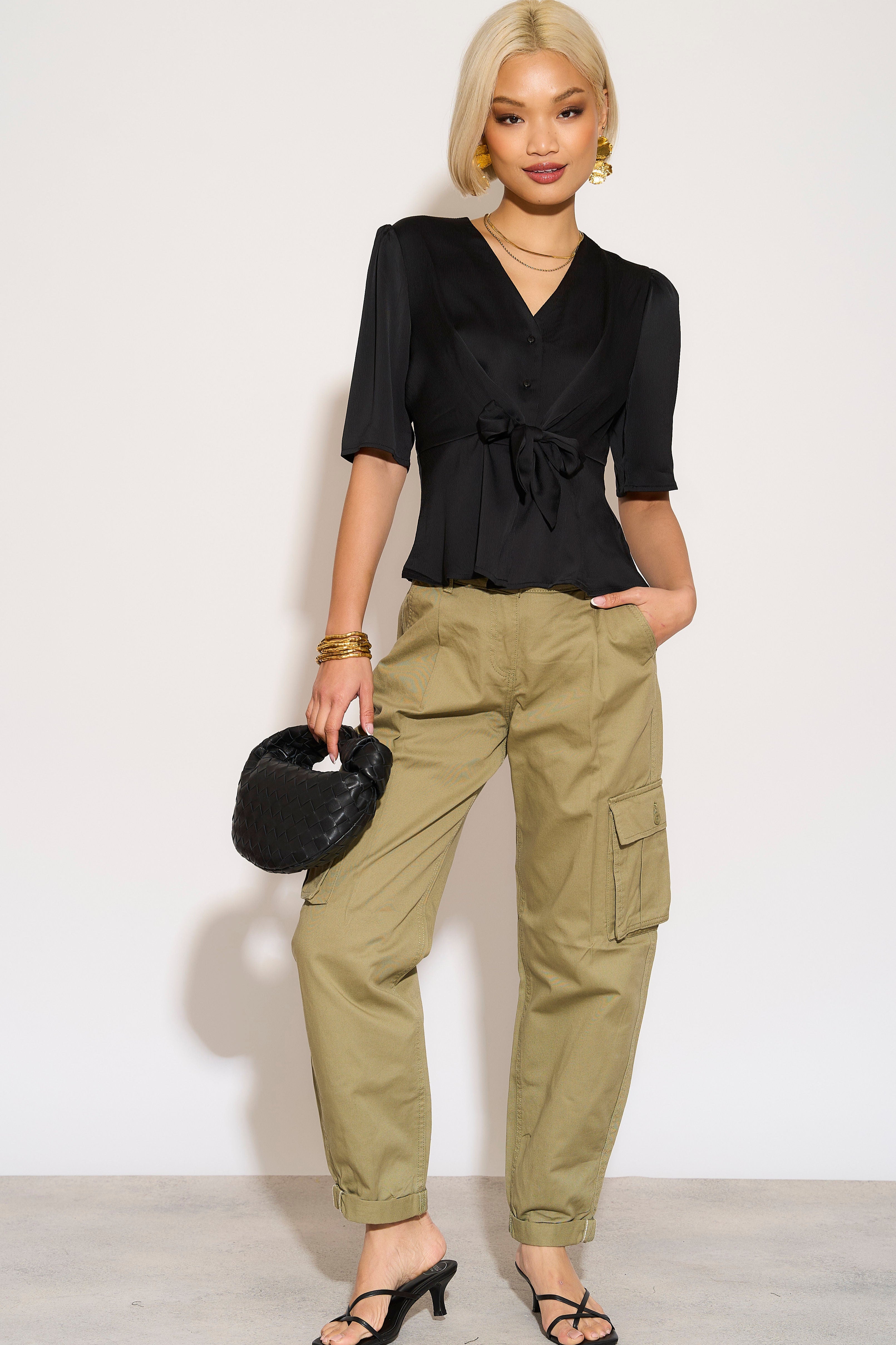 Black Short Sleeve Knotted Crepe Satin Top