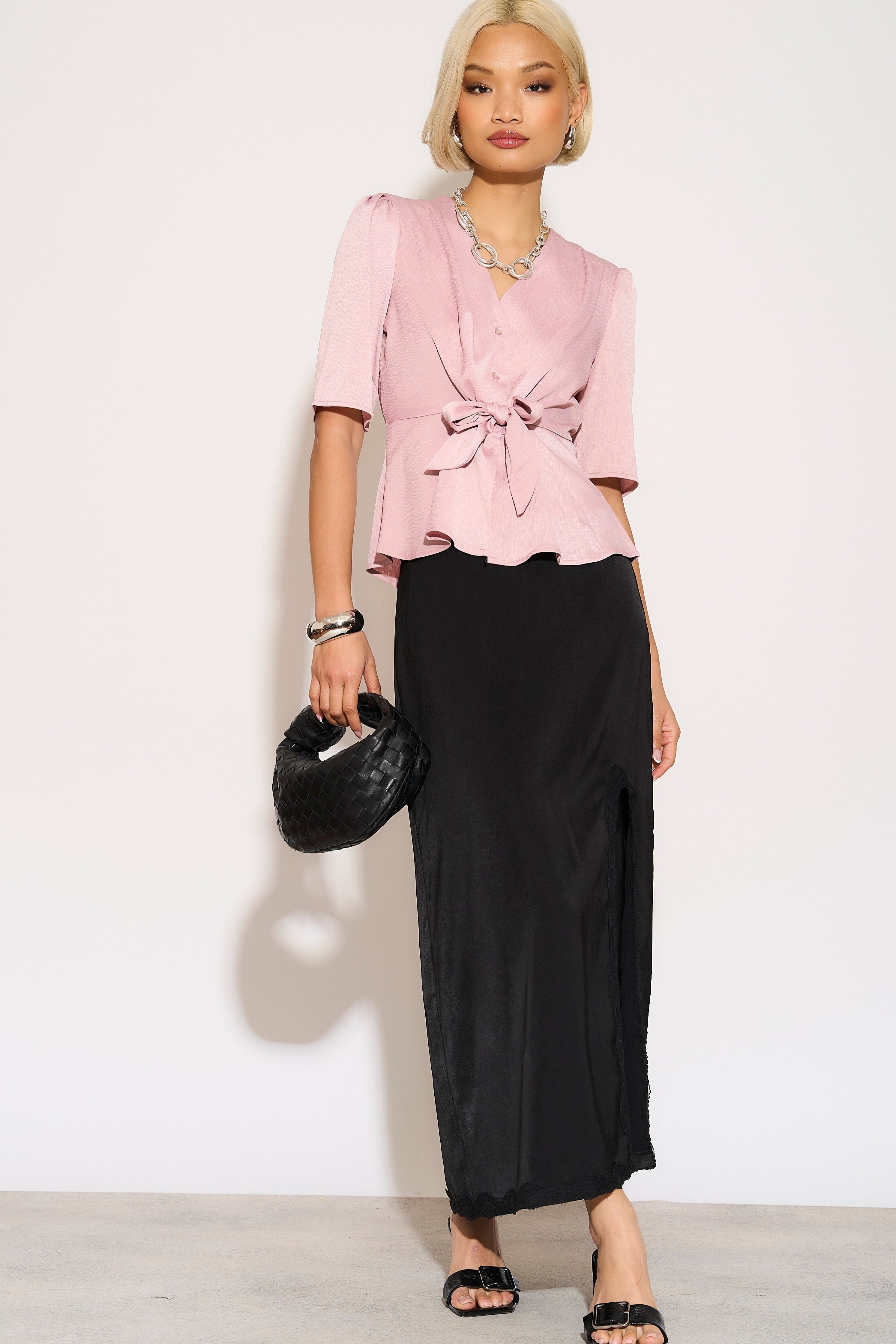 Pink Short Sleeve Knotted Crepe Satin Top