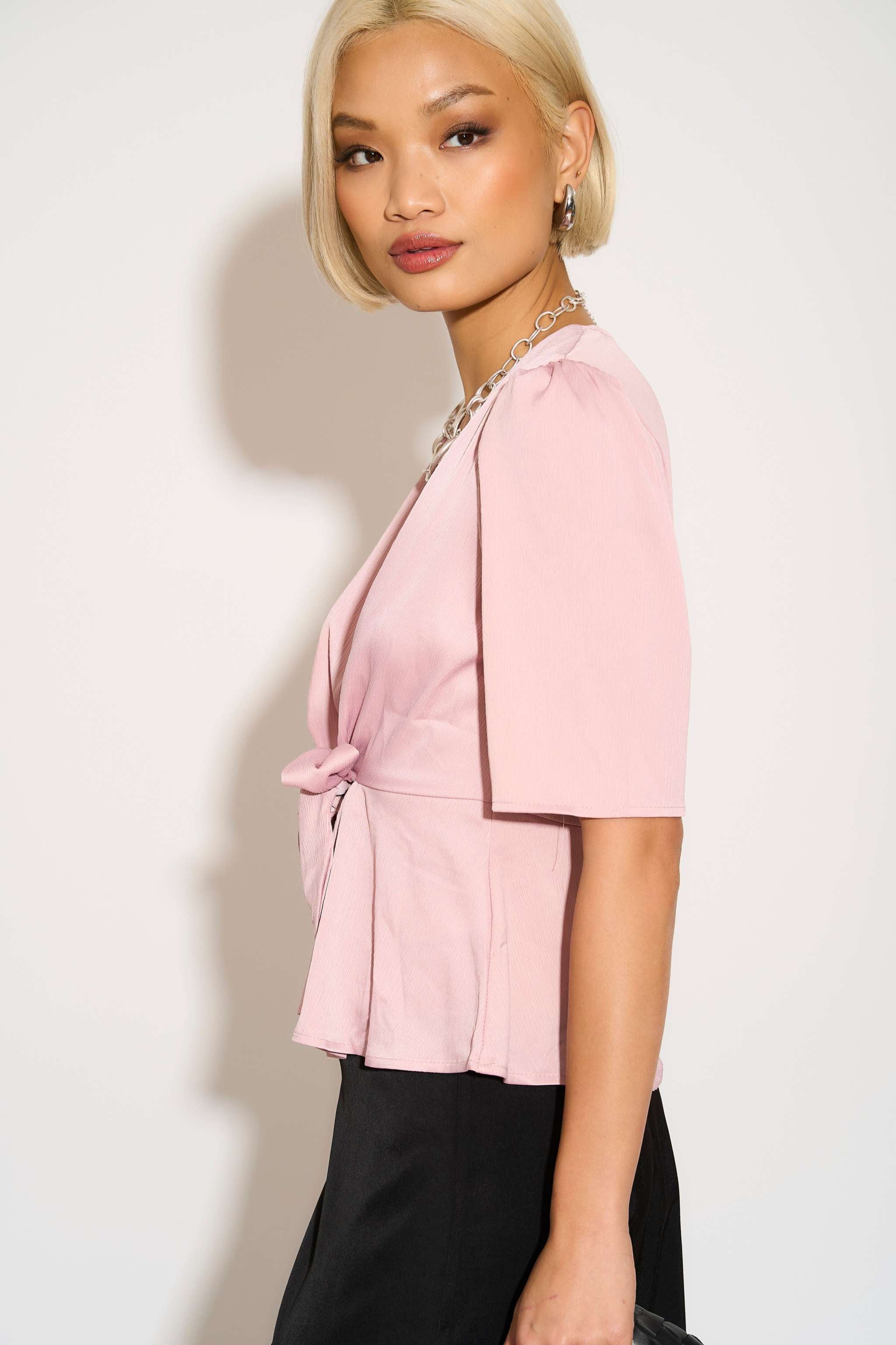 Love Sunshine Pink Short Sleeve Knotted Crepe Satin Top LS-2151 Satin Top Short Sleeve