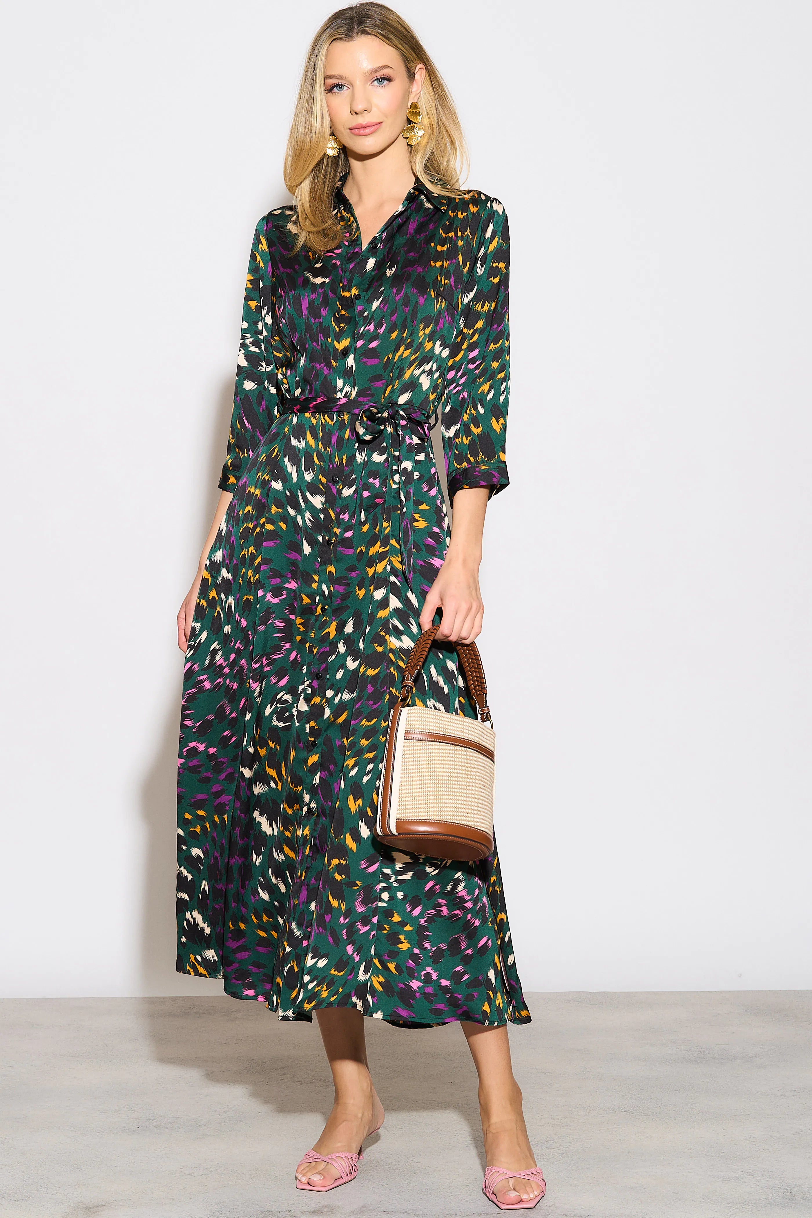 Emerald Leopard Print Satin Maxi Shirt Dress