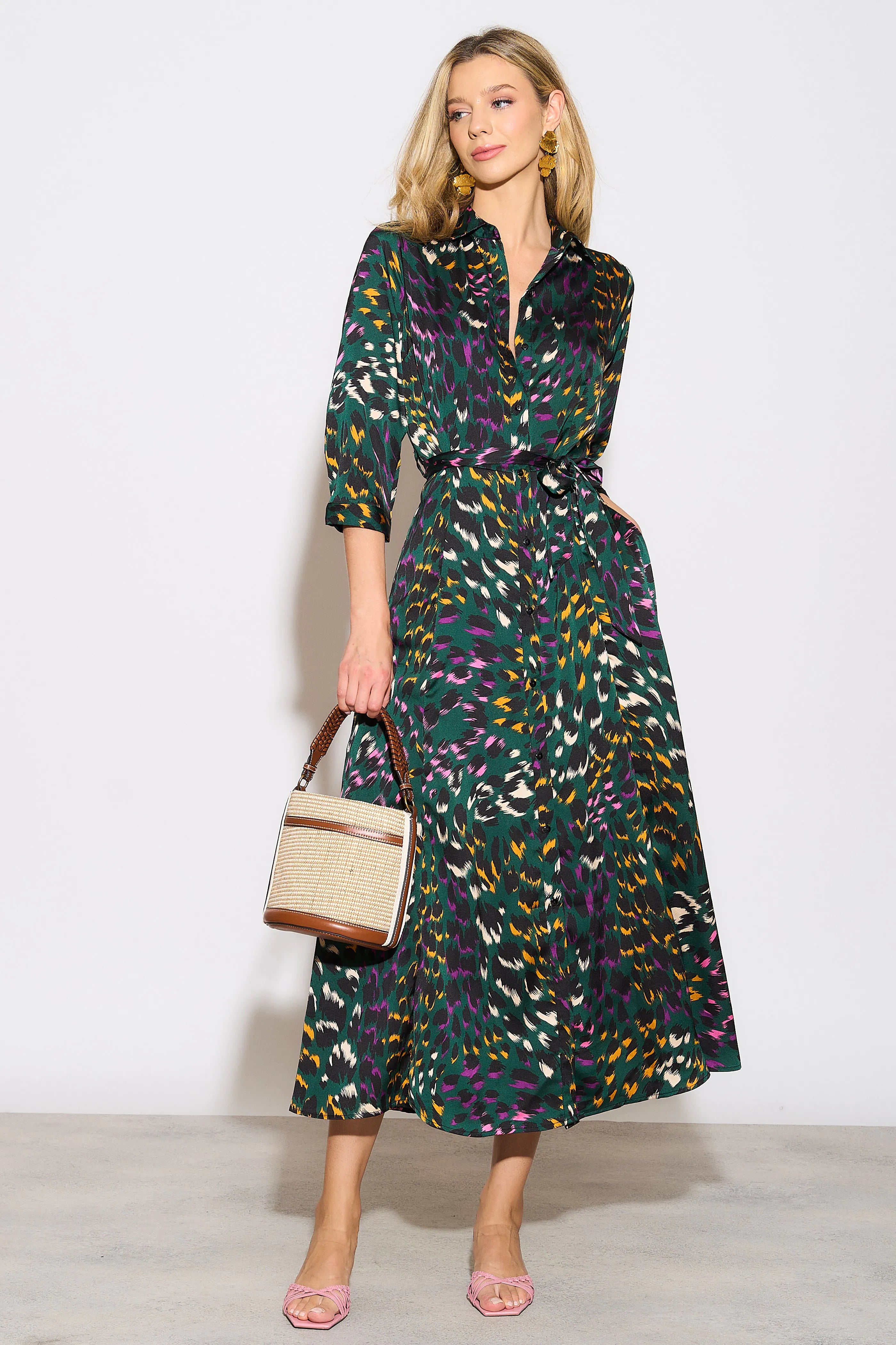Emerald Leopard Print Satin Maxi Shirt Dress