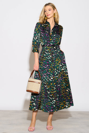 Emerald Leopard Print Satin Maxi Shirt Dress