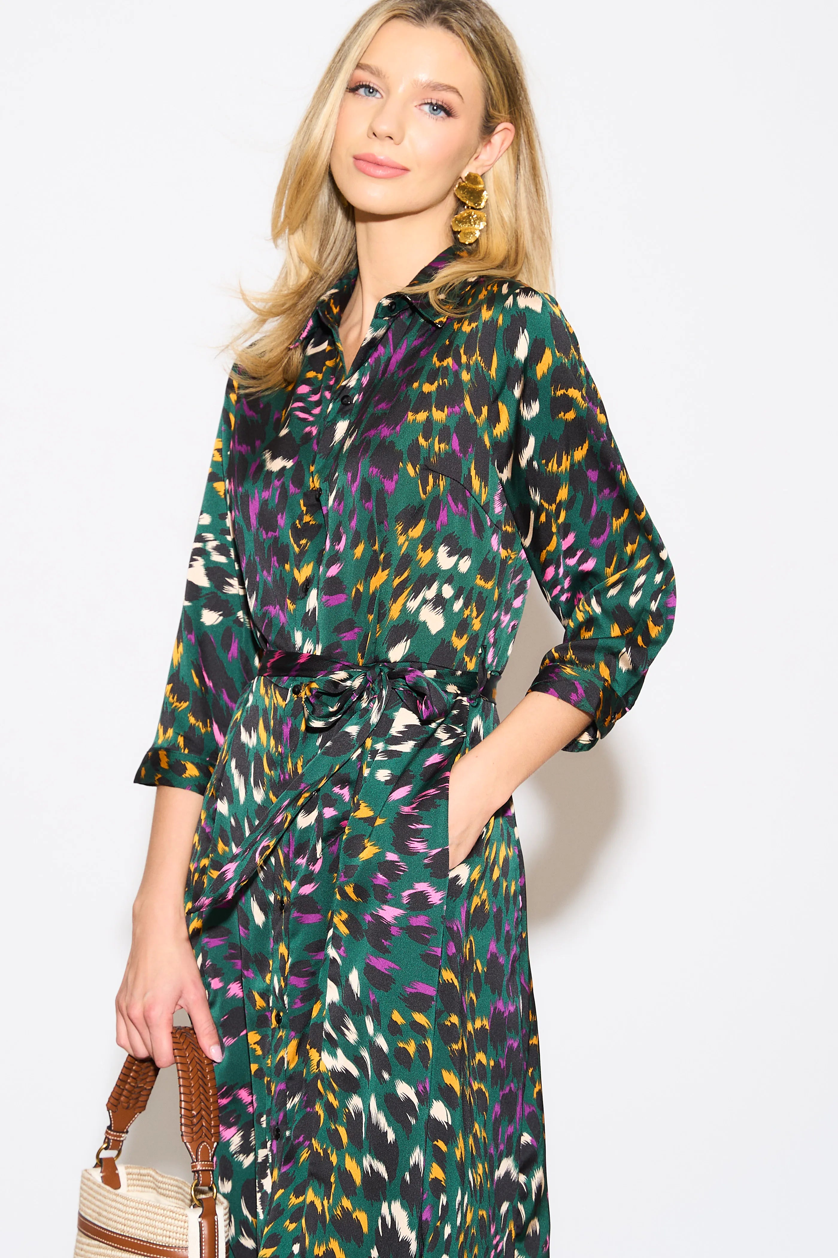 Emerald Leopard Print Satin Maxi Shirt Dress