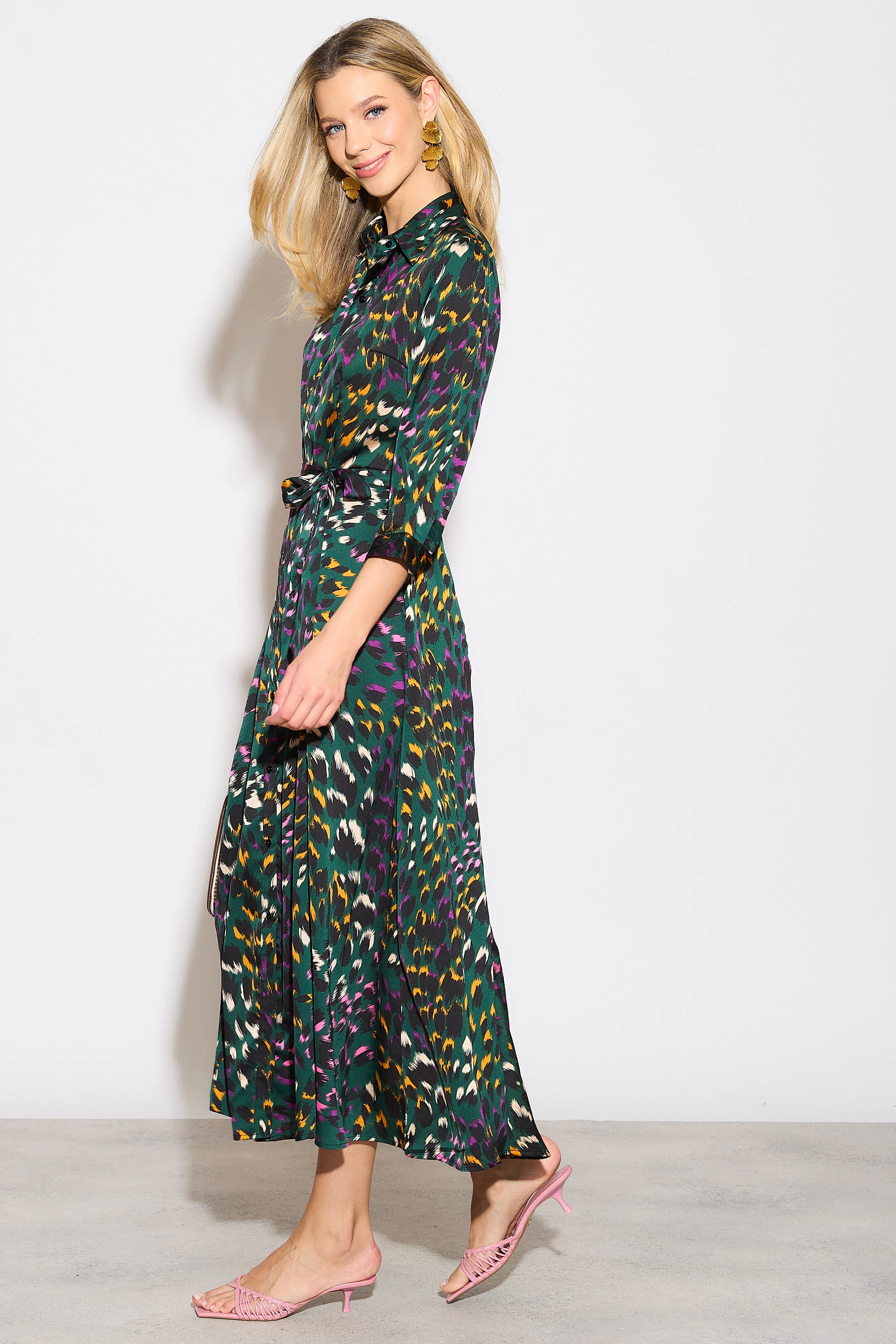 Emerald Leopard Print Satin Maxi Shirt Dress