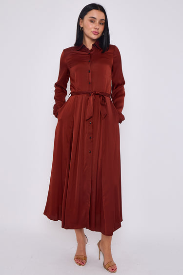 Rust Layered Satin Long Sleeve Maxi Shirt Dress