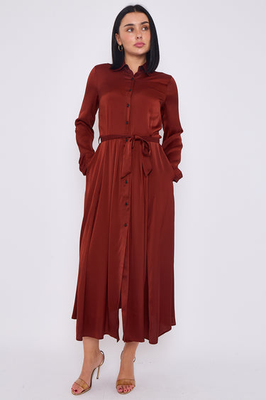 Rust Layered Satin Long Sleeve Maxi Shirt Dress