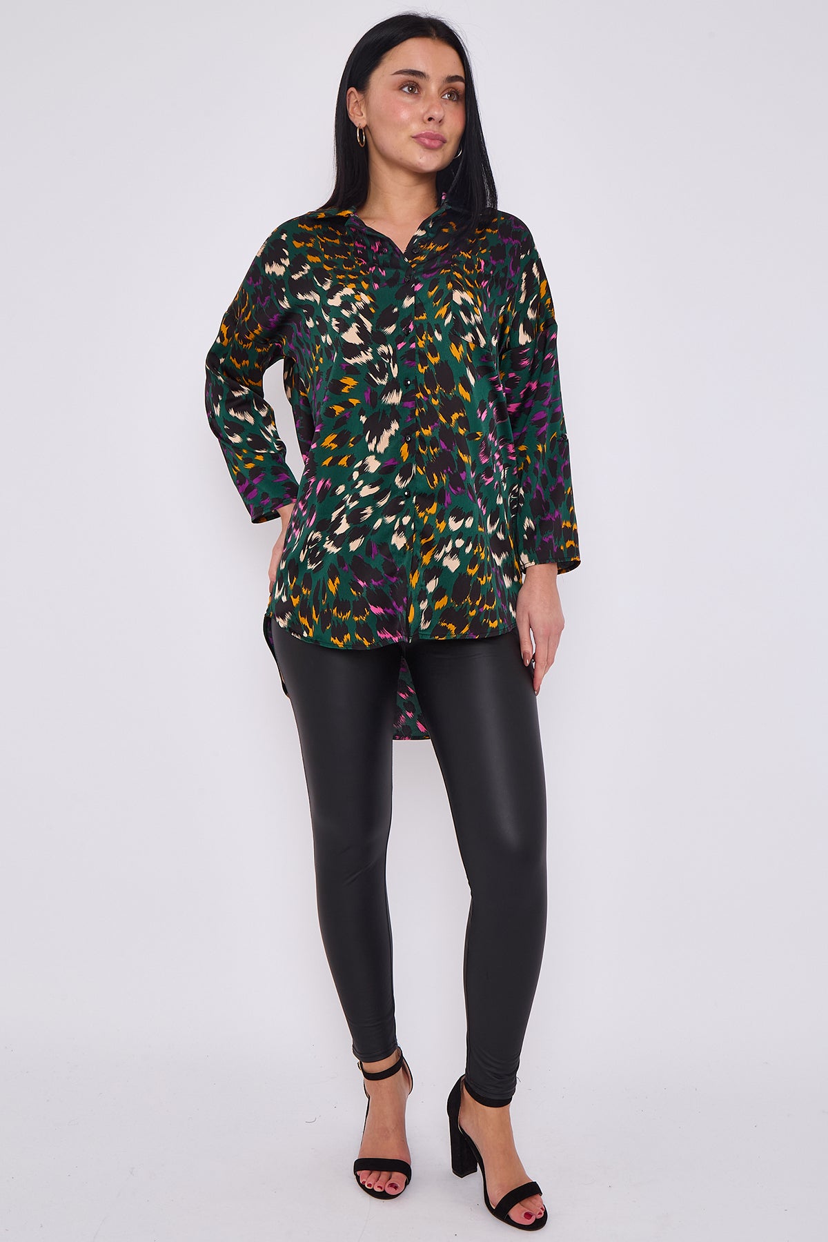 Emerald Leopard Print Satin Oversized Shirt