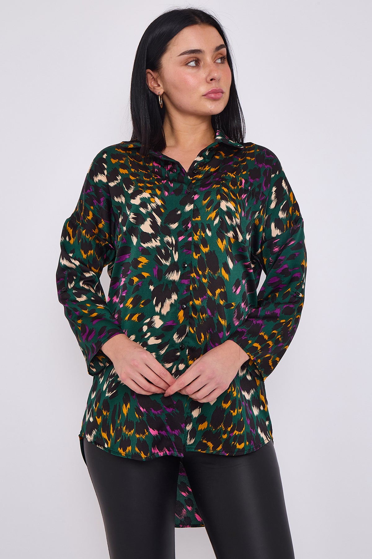 Emerald Leopard Print Satin Oversized Shirt