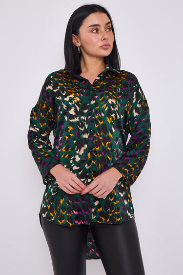 Emerald Leopard Print Satin Oversized Shirt