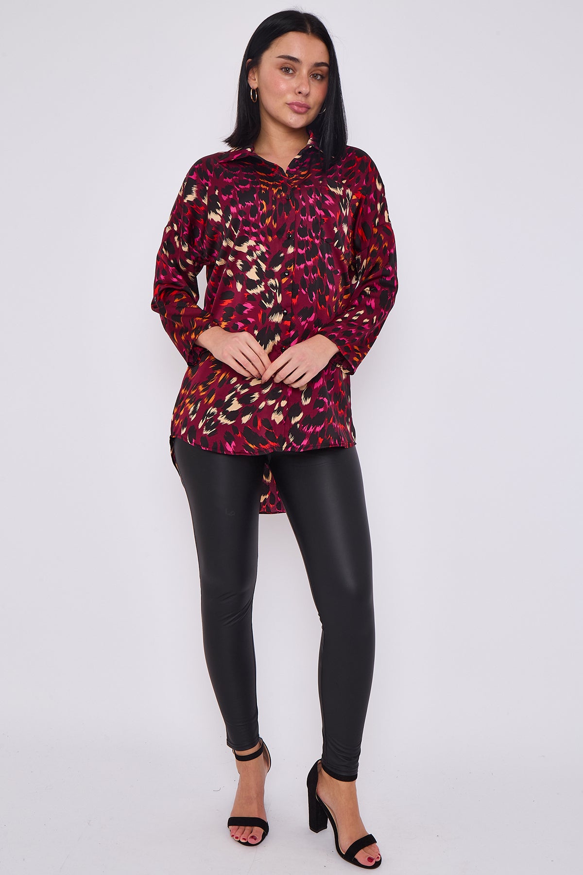 Wine Leopard Print Satin Oversized Shirt