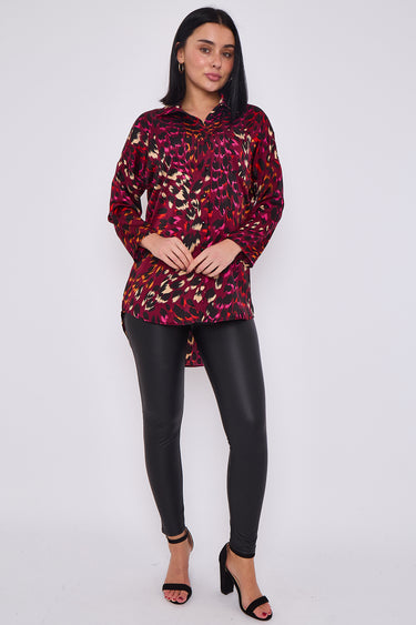 Wine Leopard Print Satin Oversized Shirt