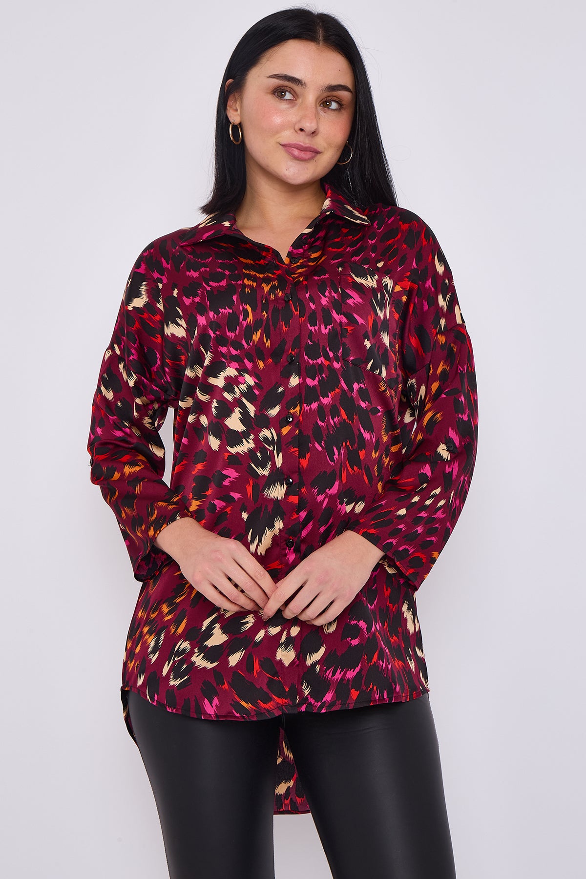 Wine Leopard Print Satin Oversized Shirt