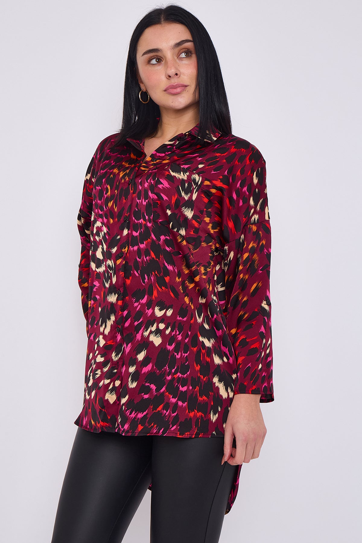 Wine Leopard Print Satin Oversized Shirt