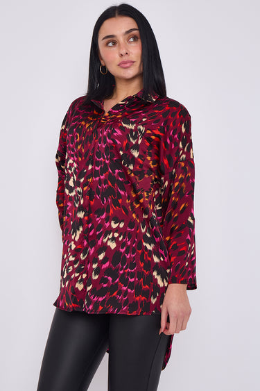 Wine Leopard Print Satin Oversized Shirt
