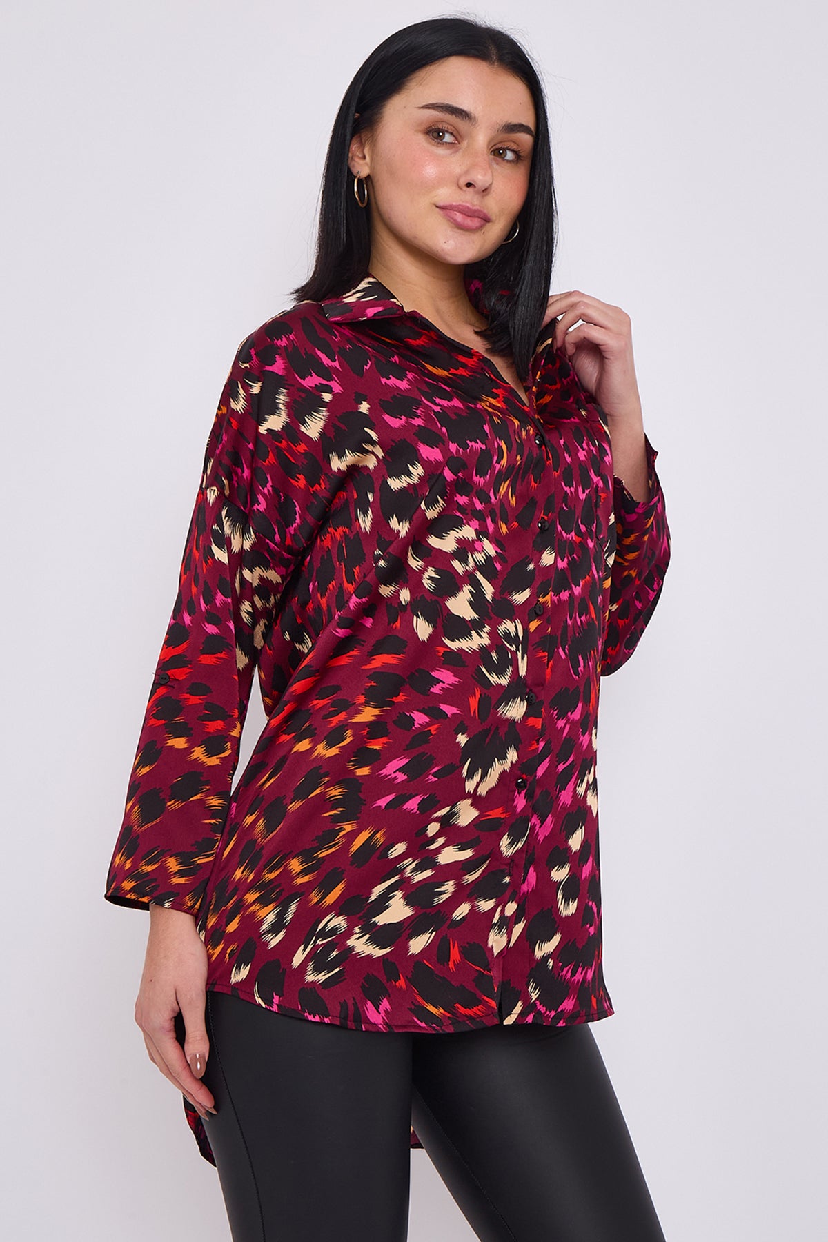 Wine Leopard Print Satin Oversized Shirt