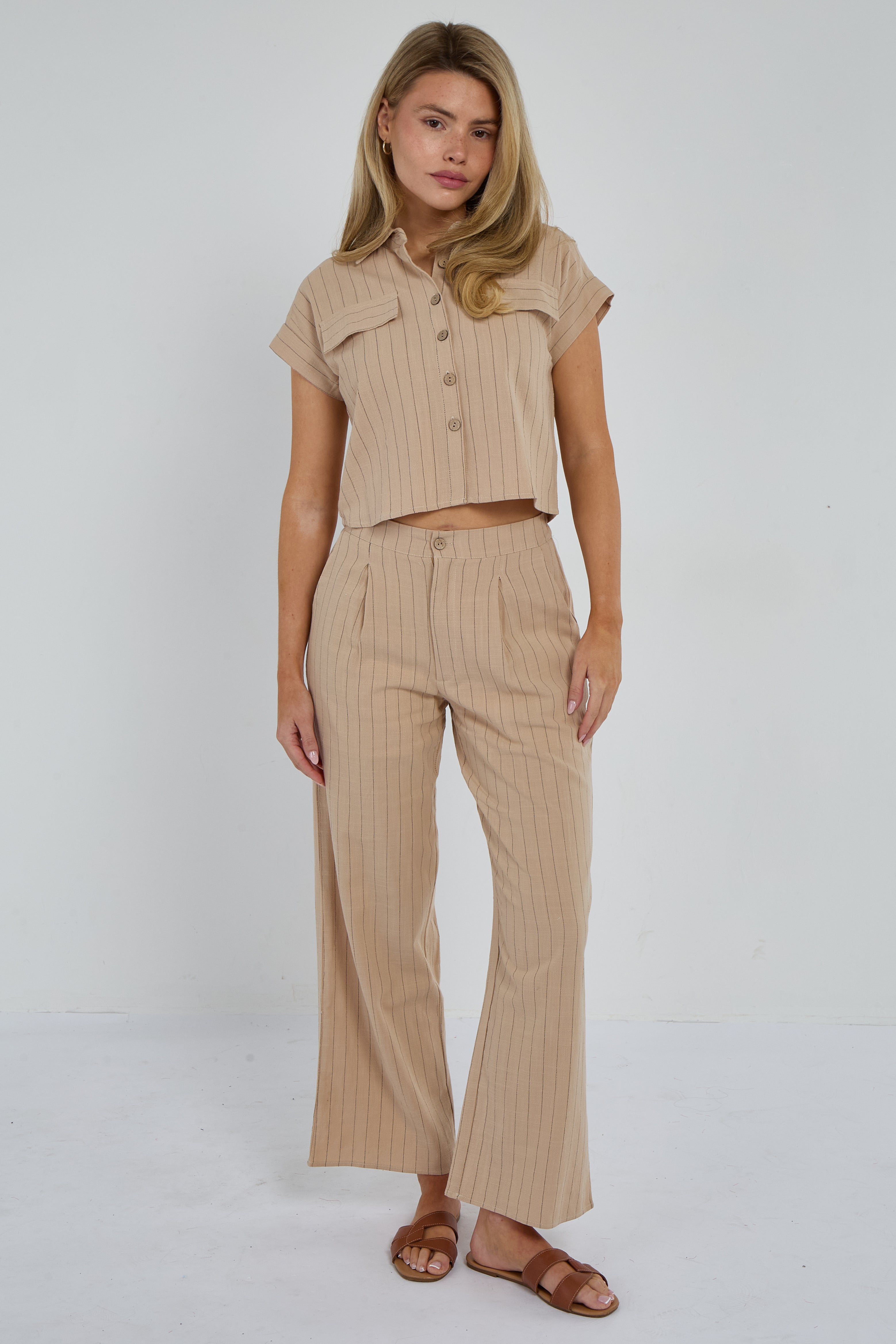 Beige Pinstripe Linen Shirt and Trousers set