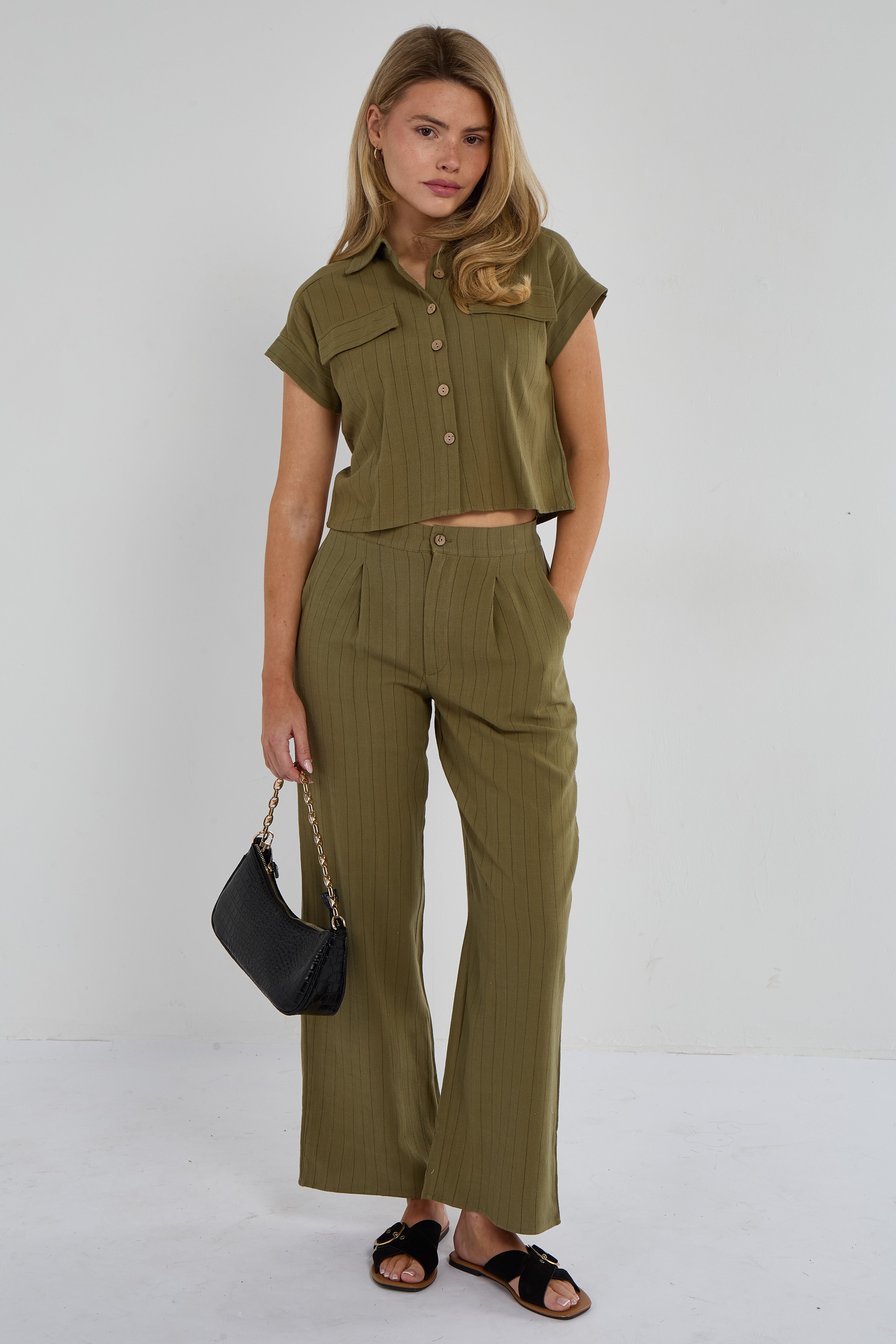 Khaki Pinstripe Linen Shirt and Trousers set
