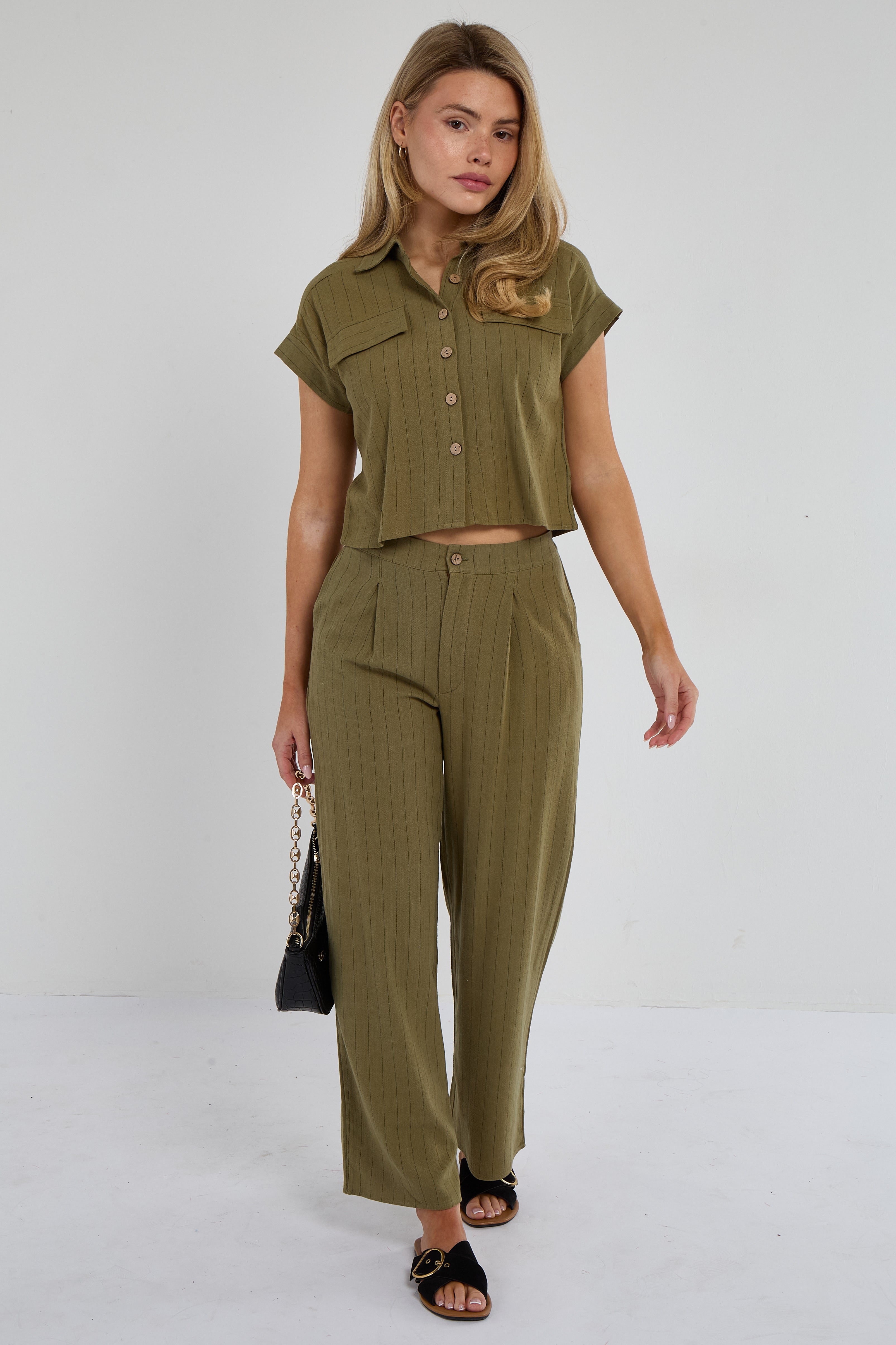 Khaki Pinstripe Linen Shirt and Trousers set