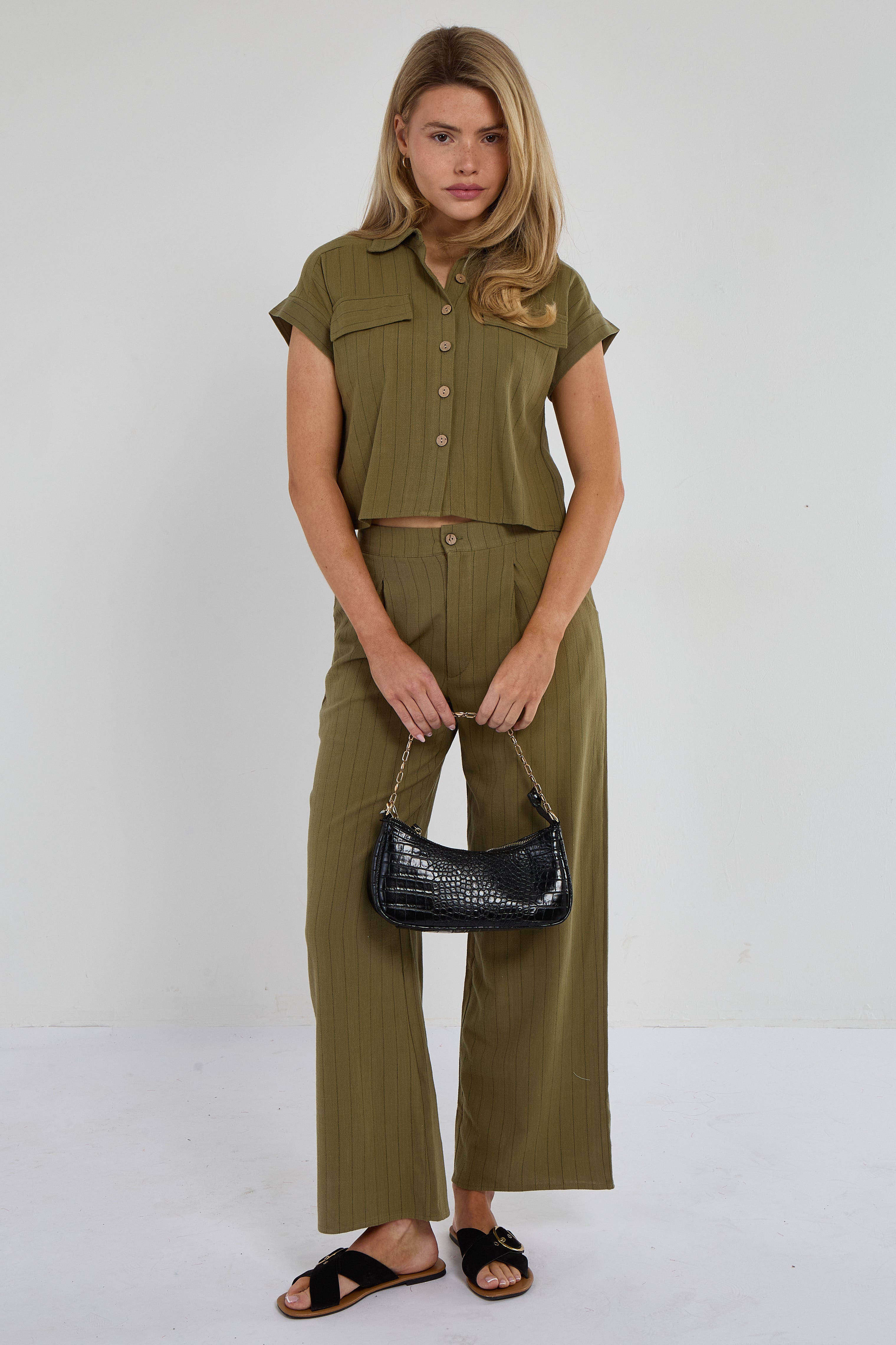 Khaki Pinstripe Linen Shirt and Trousers set