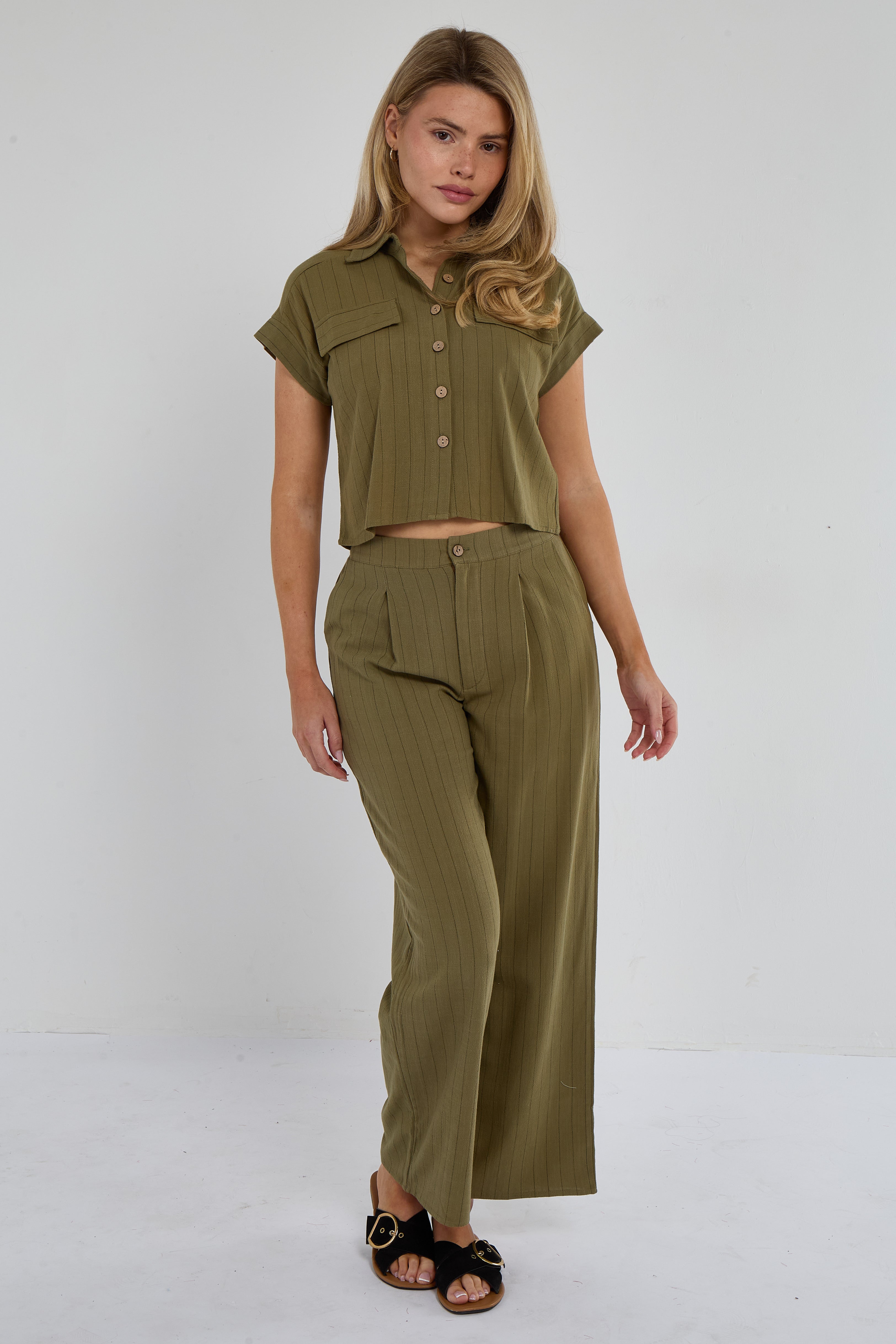 Khaki Pinstripe Linen Shirt and Trousers set