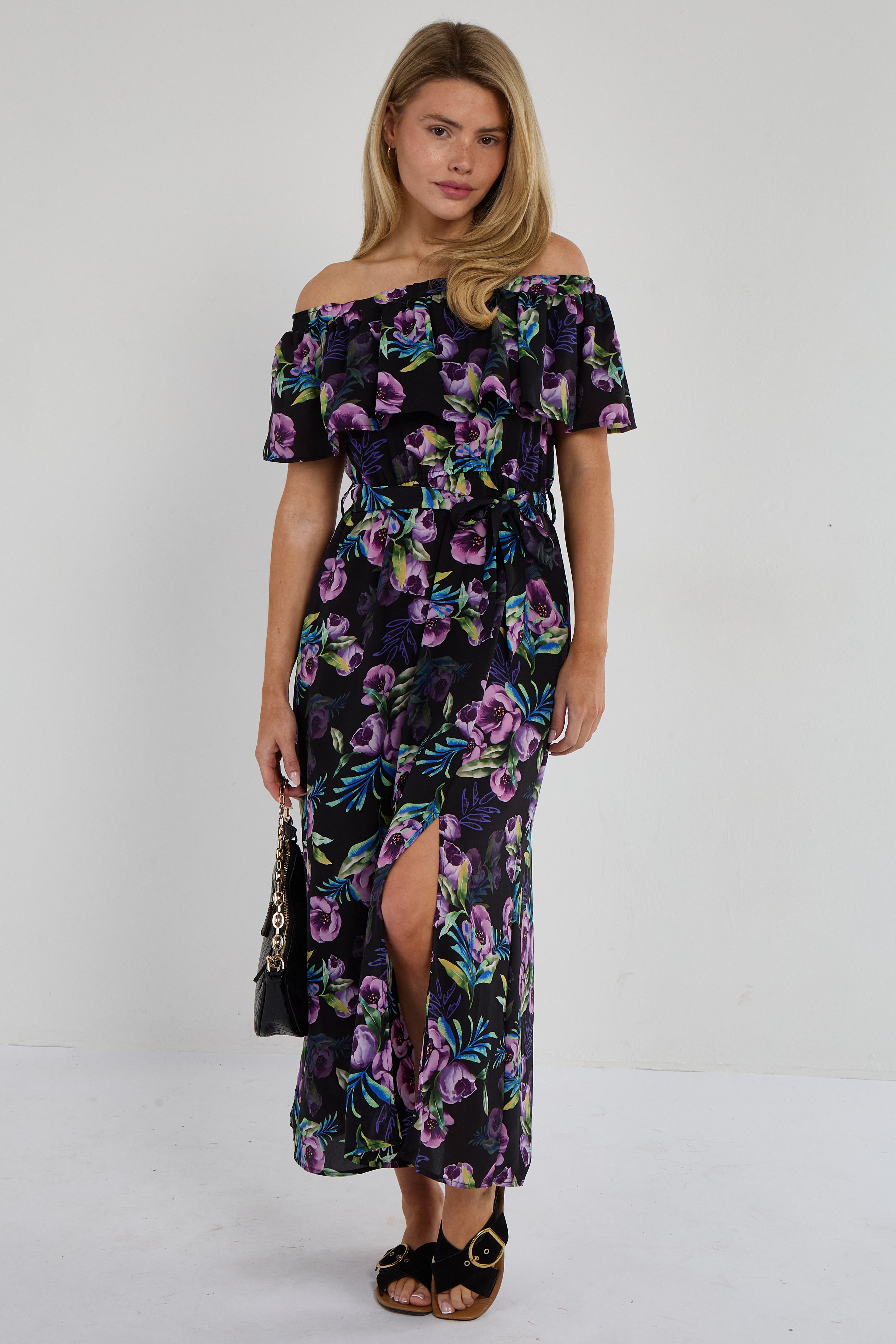 Purple Tropical Floral Off-Shoulder Maxi Dress