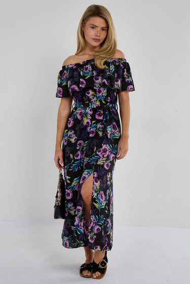 Purple Tropical Floral Off-Shoulder Maxi Dress