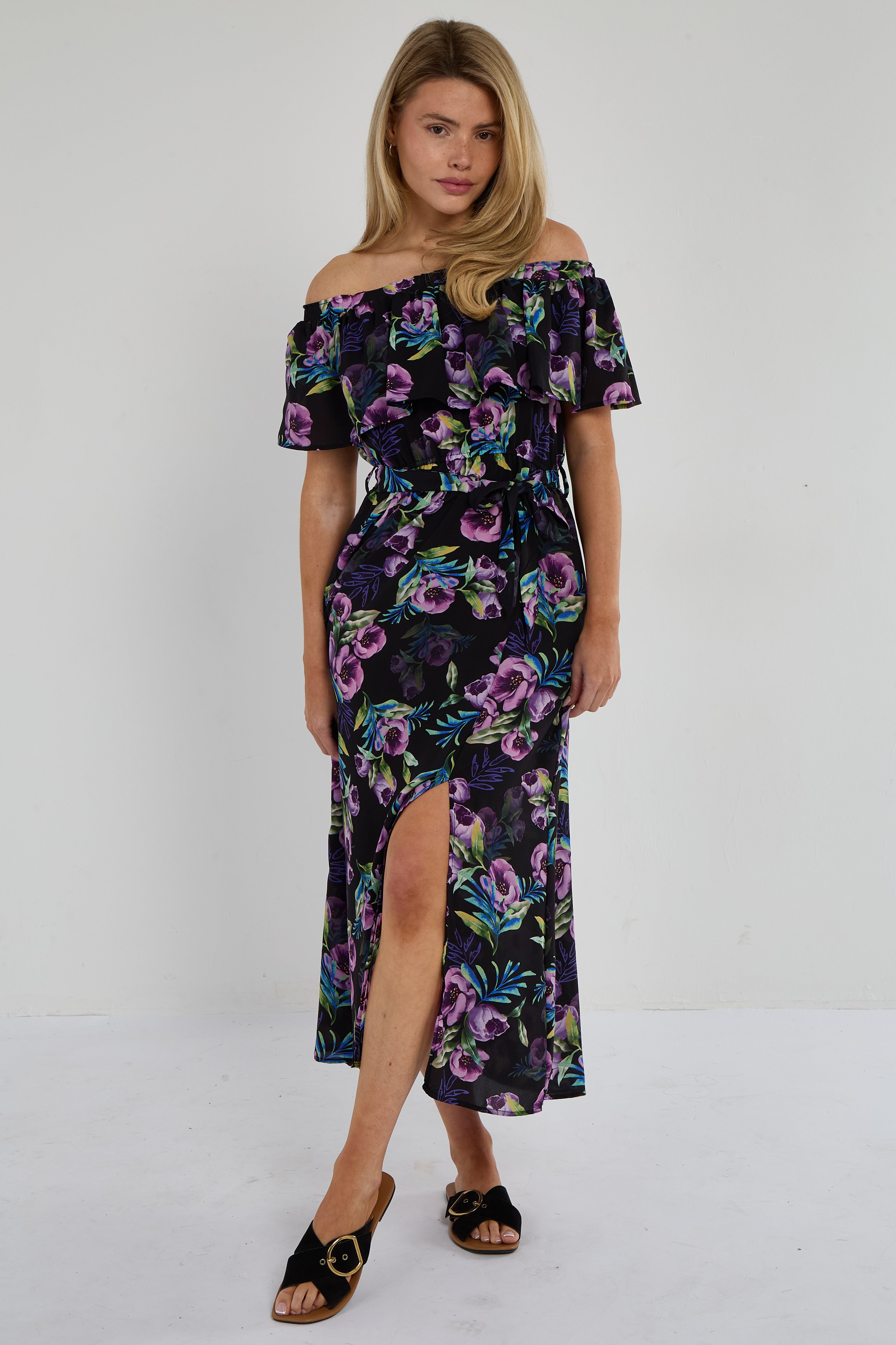 Purple Tropical Floral Off-Shoulder Maxi Dress